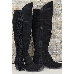 Naughty Monkey Suede Boots Over the Knee Fringe Black Boho Biker Western 8.5